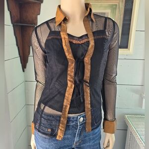 Vintage 90s Made In Italy 2 Piece Cami/tank  & Mesh Top Tie Closure Black Gold